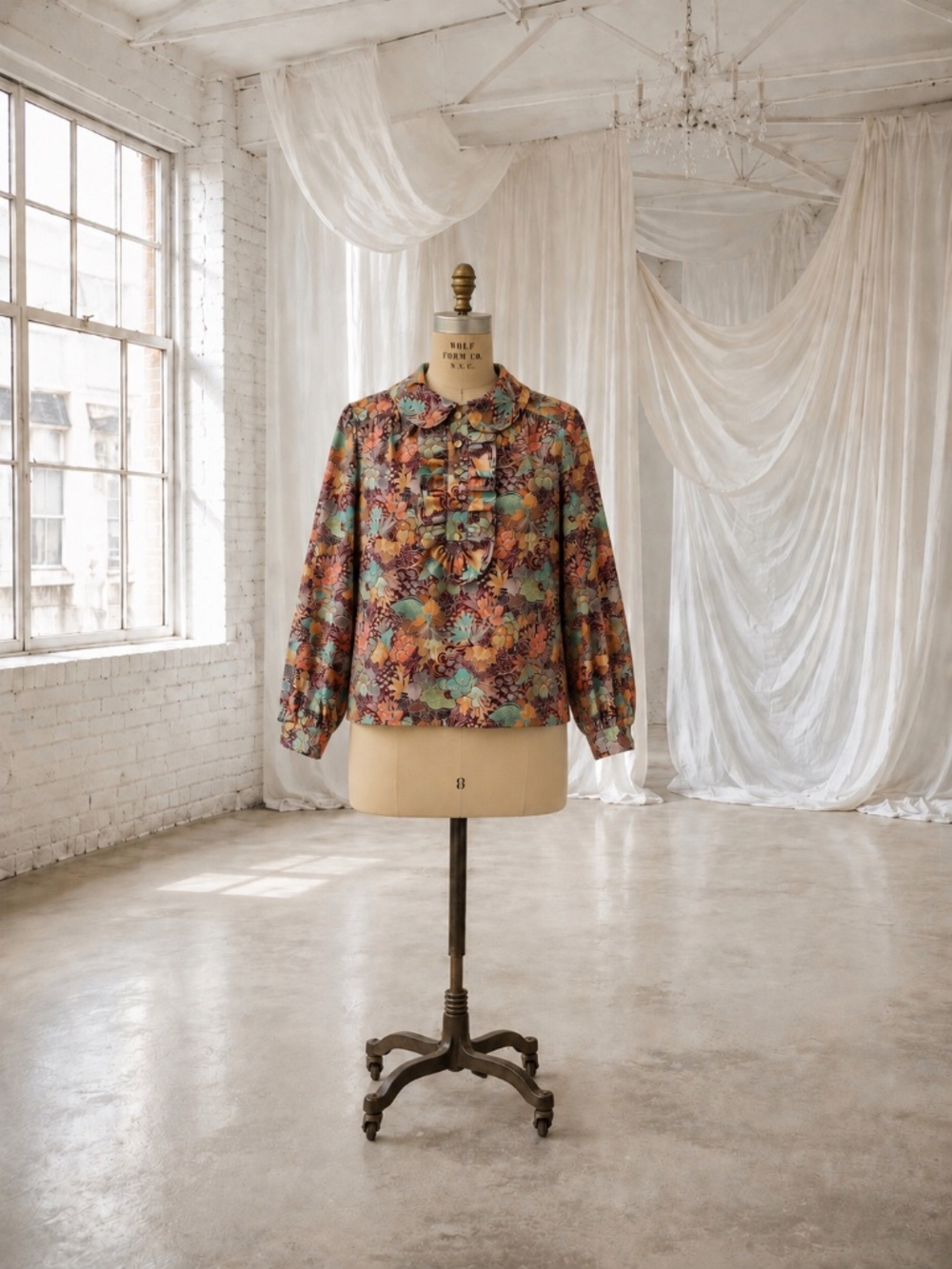 Vintage 1970s Floral Earth Tone Ruffle Front Psychedelic Blouse M